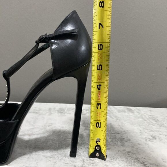 Saint Laurent Paris Black Leather Janis Studded T Strap Platform Pumps Size 37.5 - Picture 14 of 16